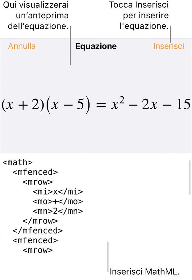 La finestra di dialogo Equazione che mostra l’equazione scritta tramite comandi MathML e un’anteprima della formula di cui sopra.