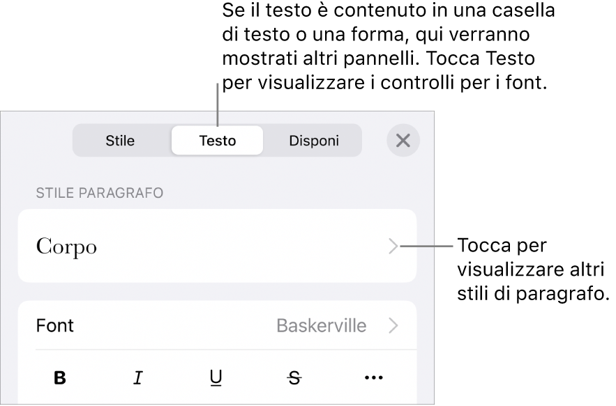Menu Formato con controlli di testo per impostare stili carattere e paragrafo, font, dimensione e colore.