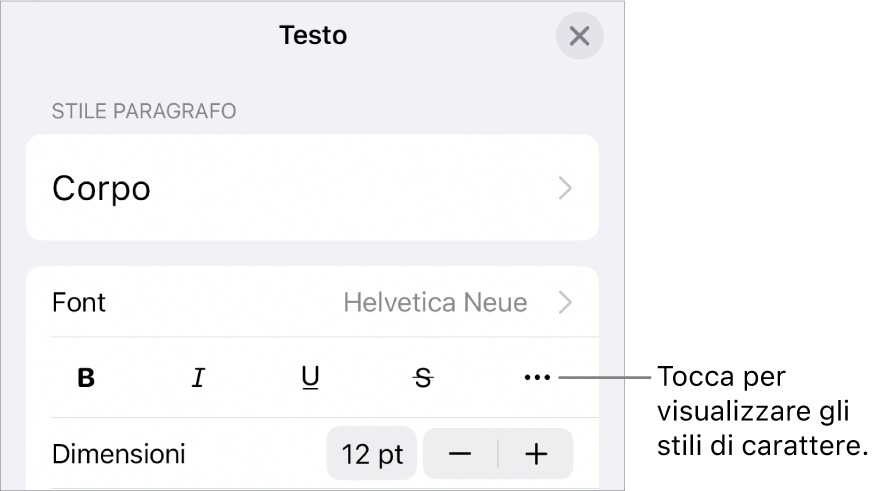 I controlli di Formattazione con i pulsanti Grassetto, Corsivo, Sottolineato, Barrato e “Altre opzioni di testo”.