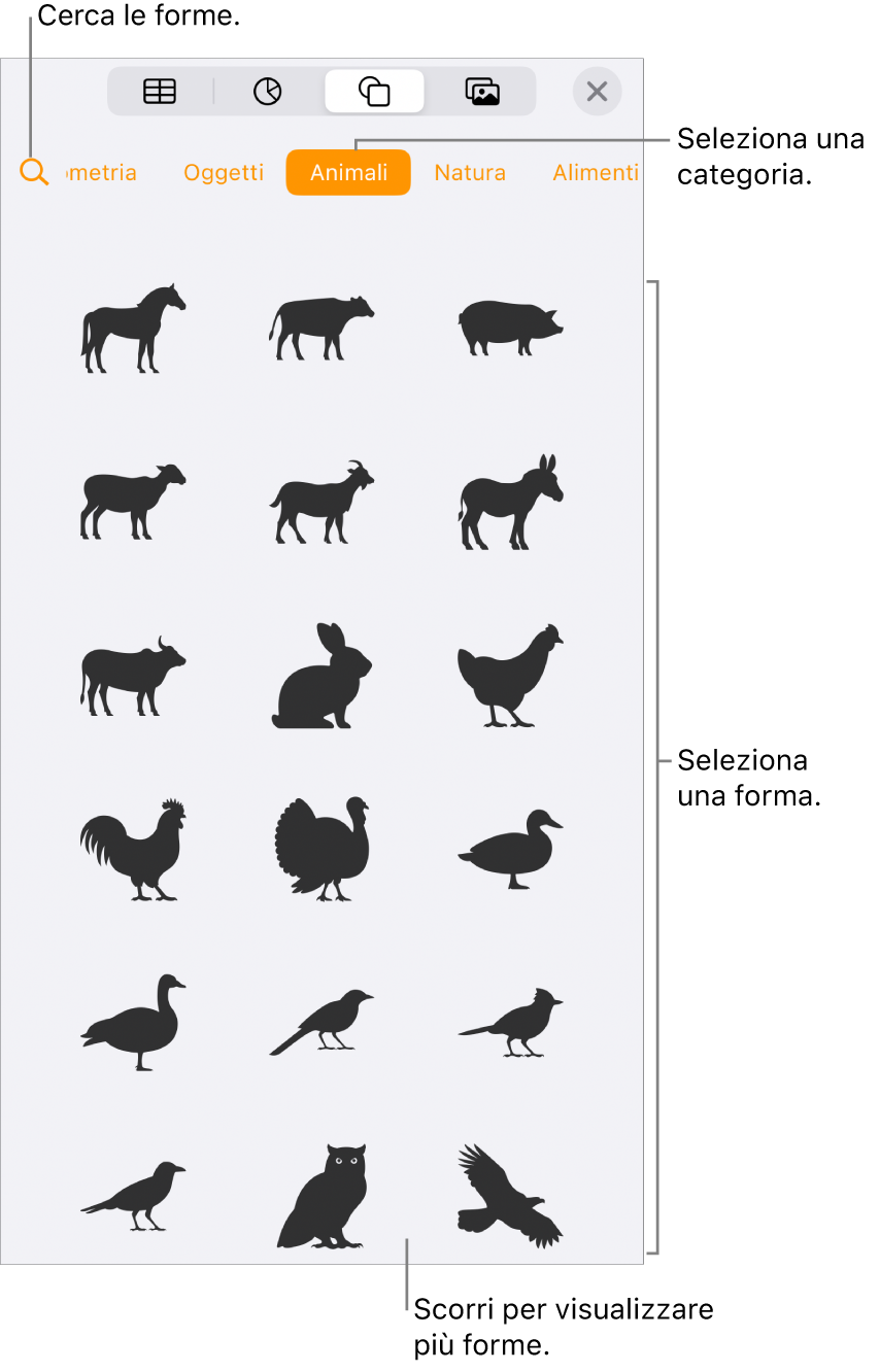 La libreria forme, con le categorie nella parte superiore e le forme visualizzate sotto. Puoi usare il pulsante di ricerca nella parte superiore per trovare forme e scorrere per visualizzarne di più.
