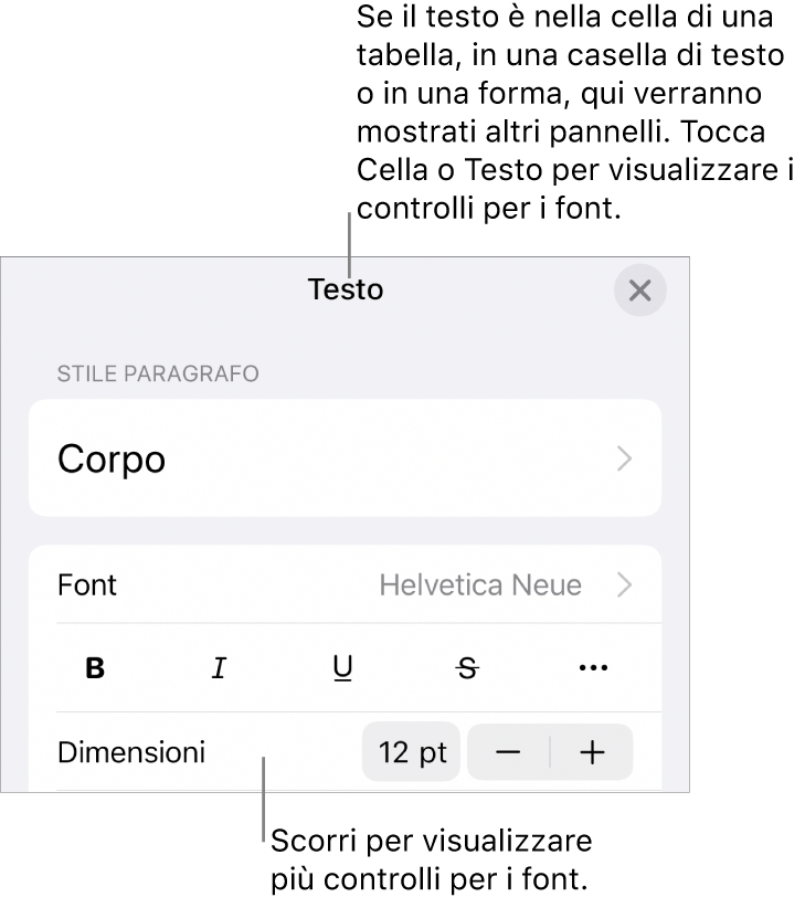 Controlli di testo nel menu Formattazione per impostare stili di carattere e paragrafo, font, dimensione e colore.