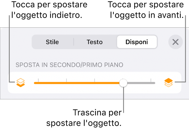 Pulsante sposta indietro, pulsante sposta avanti e cursore livelli.