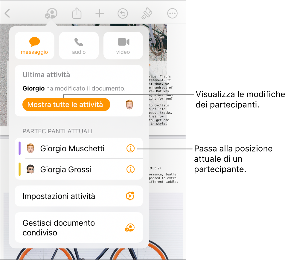 Il menu per la collaborazione i partecipanti attuali elencati.