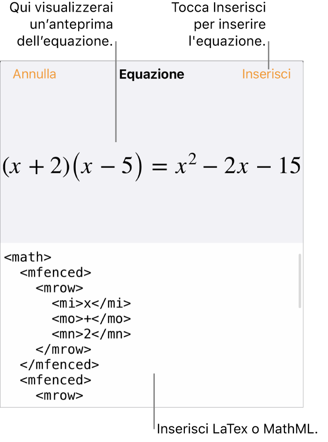 La finestra di dialogo Equazione che mostra l’equazione scritta tramite comandi MathML e un’anteprima della formula di cui sopra.