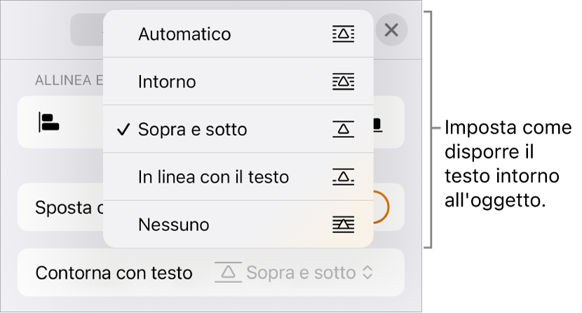 Controlli di “Contorna con testo” con impostazioni per Automatico, Intorno, “Sopra e sotto”, “In linea con il testo” e Nessuna.