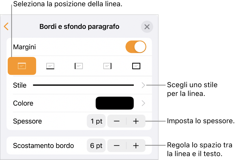 Controlli per modificare lo stile, lo spessore, la posizione e il colore della linea.