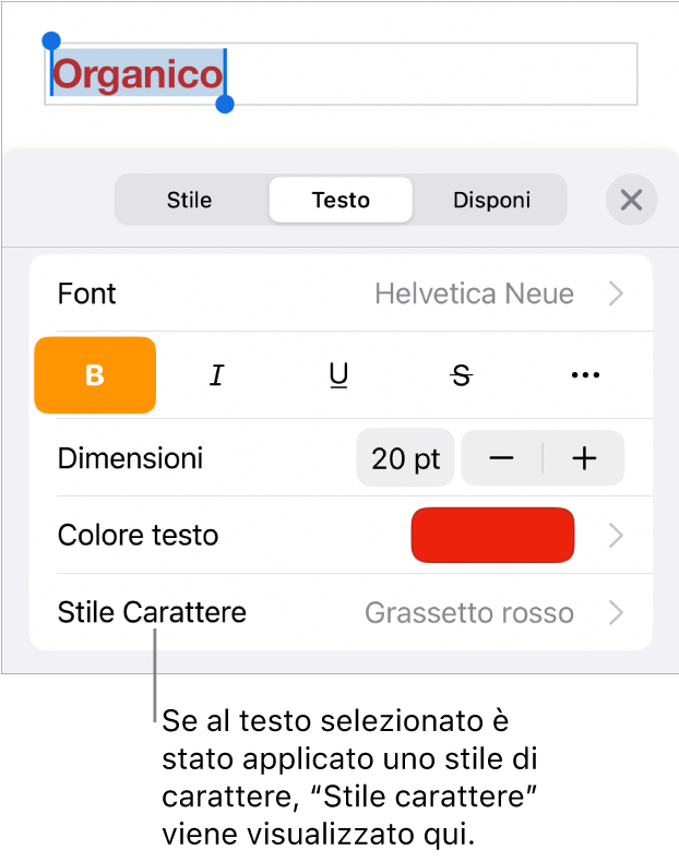 Controlli di Formato con “Stile carattere” sotto i controlli di Colore. Stile carattere Nessuno compare con un asterisco.