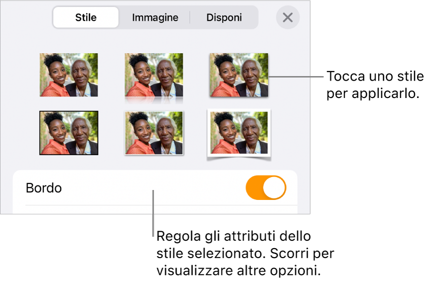 Stile del menu Formato con gli stili dell’oggetto in alto e un controllo sottostante per cambiare il bordo.