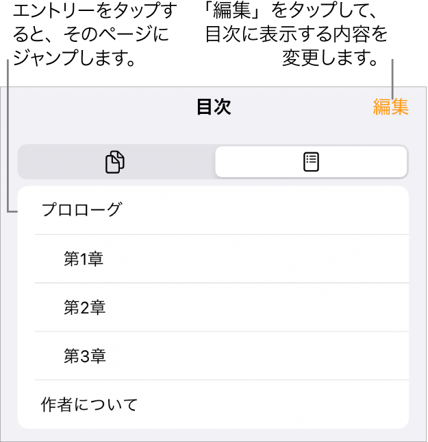 目次。リストに見出しが表示されています。右上隅に「編集」ボタンがあります。下部には「ページのサムネール」ボタンと「目次」ボタンがあります。