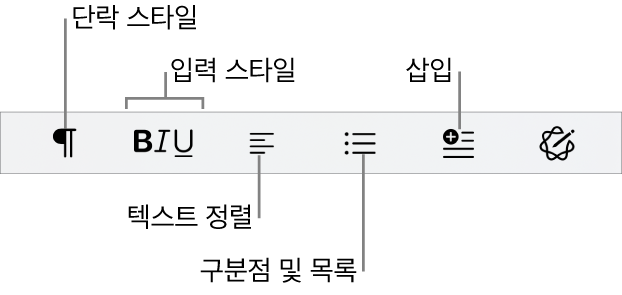 단락 스타일, 텍스트 정렬, 구분점 및 목록, 삽입 요소를 표시하는 빠른 포맷 막대.