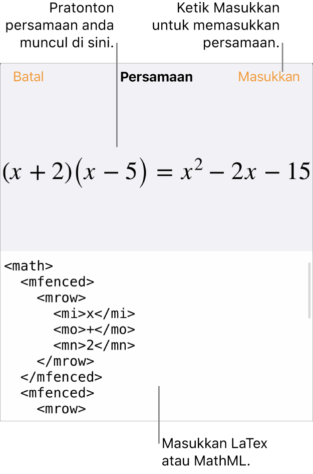 Dialog Persamaan, menunjukkan persamaan yang ditulis menggunakan perintah MathML manakala pratonton formulanya di atas.