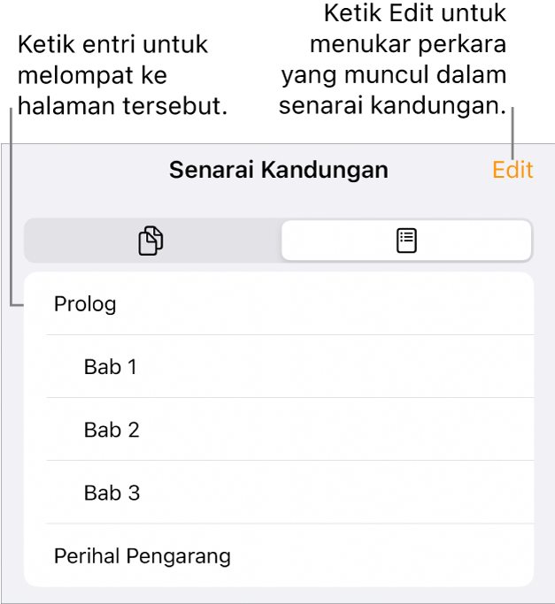 Paparan senarai kandungan dengan pengepala dalam senarai. Butang Edit berada di penjuru kanan atas dan di bahagian bawah adalah butang Imej Kecil Halaman dan Senarai Kandungan.