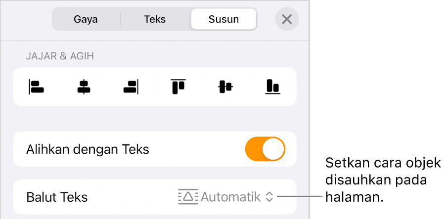 Kawalan Susun dengan Alihkan dengan Teks dan Balut Teks.