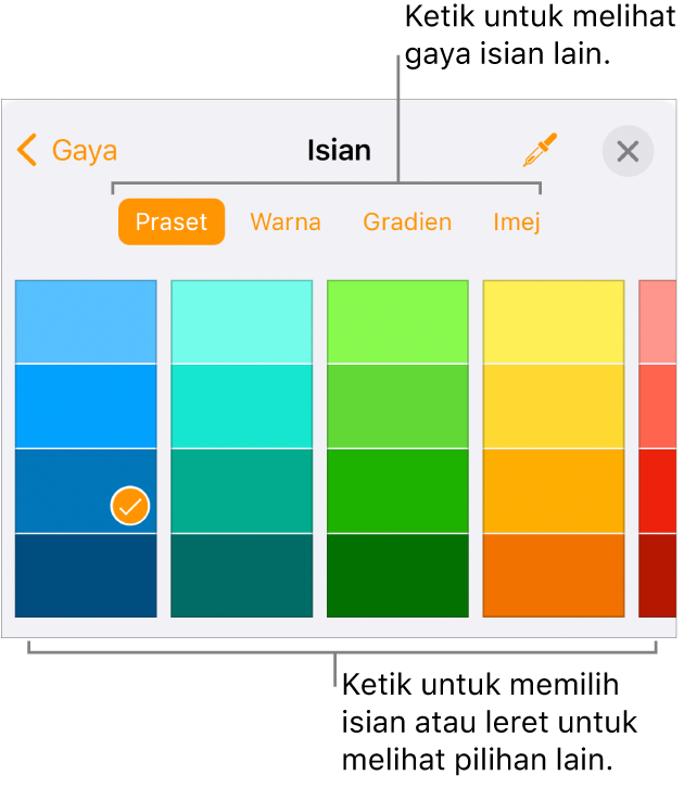 Pilihan Isian dalam anak tetingkap Gaya pada butang Format.
