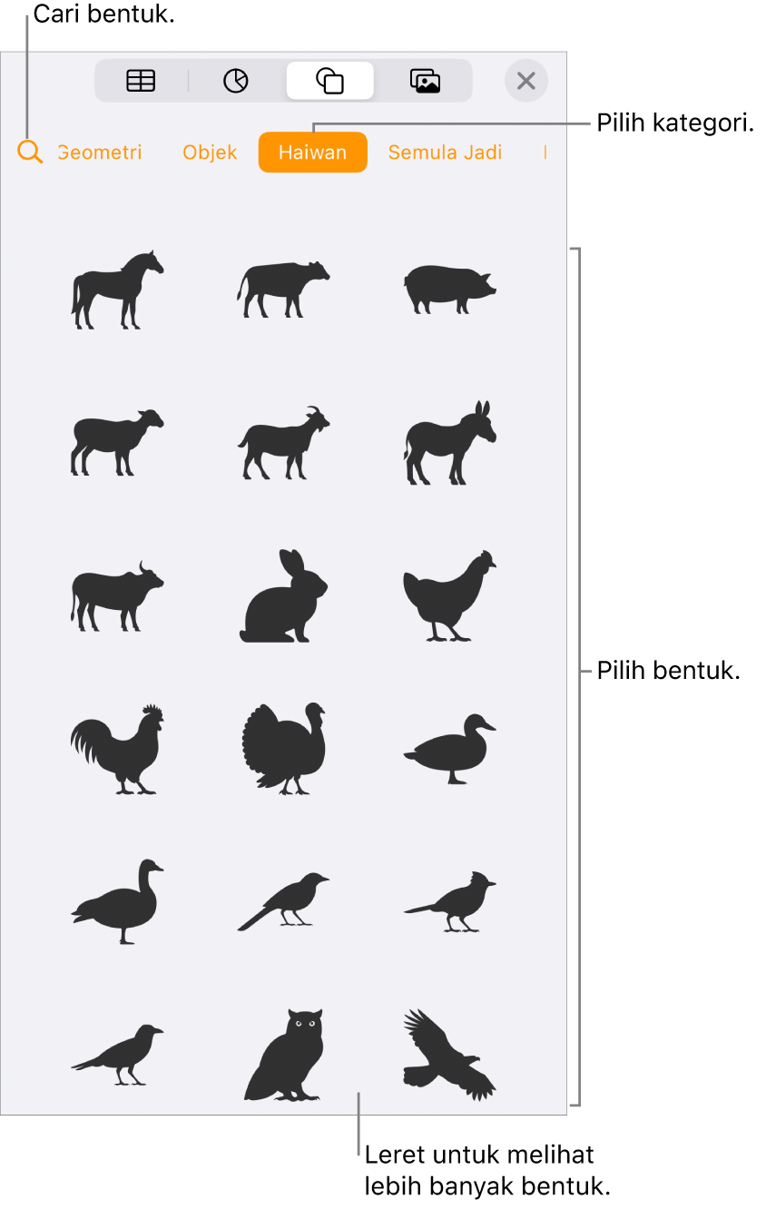 Pustaka bentuk, dengan kategori di bahagian atas dan bentuk dipaparkan di bawah. Anda boleh menggunakan butang carian di bahagian atas untuk mencari bentuk dan leret untuk melihat lebih banyak.