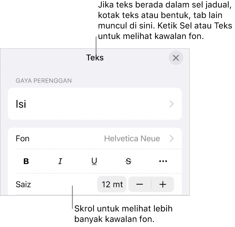Kawalan teks dalam menu Format untuk mengesetkan perenggan dan gaya, fon, saiz dan warna aksara.