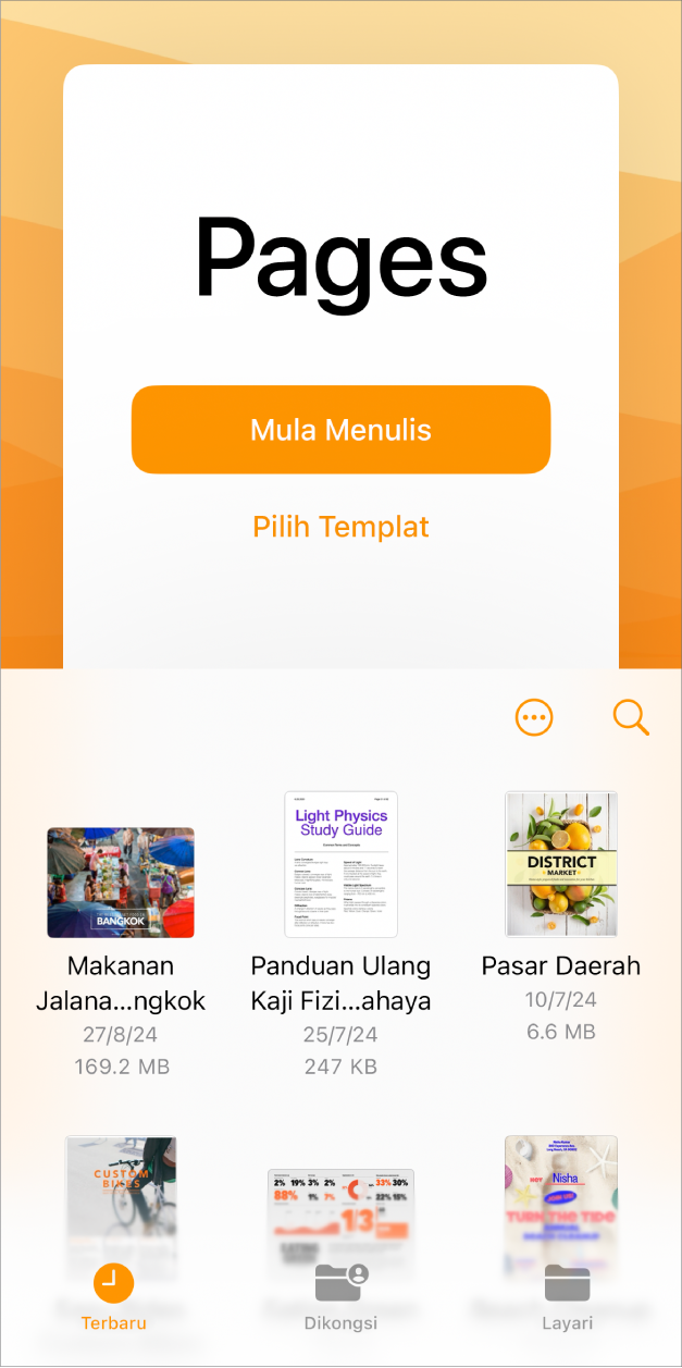 Pengurus dokumen Pages dengan butang untuk mula menulis atau memilih templat di bahagian atas skrin dan kawalan untuk membuka dokumen disimpan di bahagian bawah.