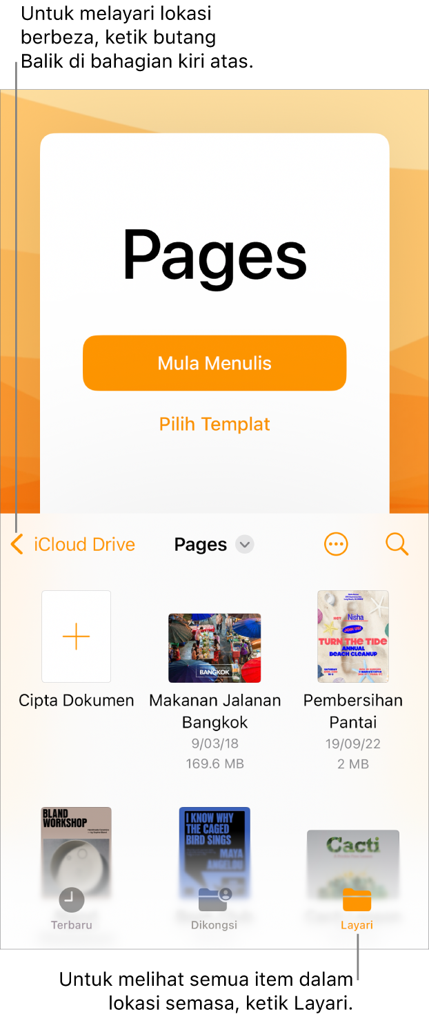 Paparan pelayar pengurus dokumen dengan butang Balik di penjuru kiri atas dan di bawahnya ialah medan Carian. Di bawah medan Carian ialah butang Cipta Dokumen di sebelah imej kecil untuk dokumen sedia ada. Di penjuru kanan atas ialah butang Tambah Dokumen dan butang Lagi. Di bahagian bawah skrin ialah butang Terbaru, Dikongsi dan Layari.