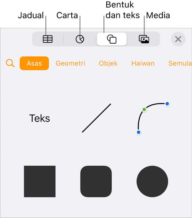 Kawalan Masukkan dibuka dengan butang untuk menambah jadual, carta, teks, bentuk dan media di bahagian atas.