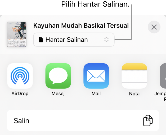 Menu Kongsi dengan Hantar Salinan dipilih di bahagian atas.