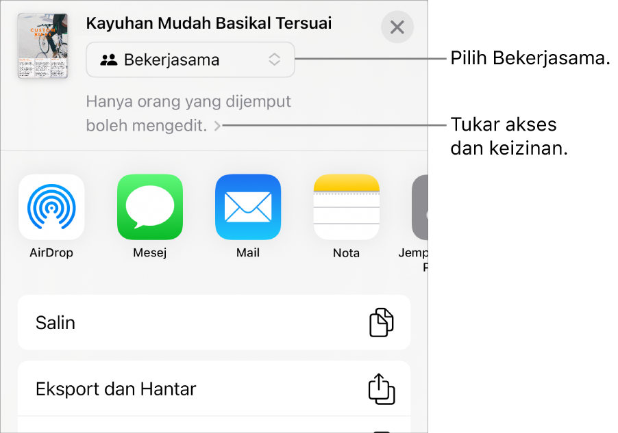 Menu Kongsi dengan Bekerjasama dipilih di bahagian atas dan seting akses serta keizinan di bahagian bawah.