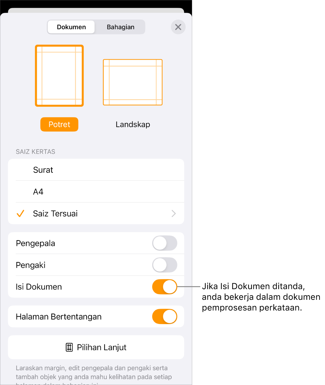 Persediaan Dokumen terbuka dengan Isi Dokumen ditanda dalam dokumen pemprosesan perkataan.