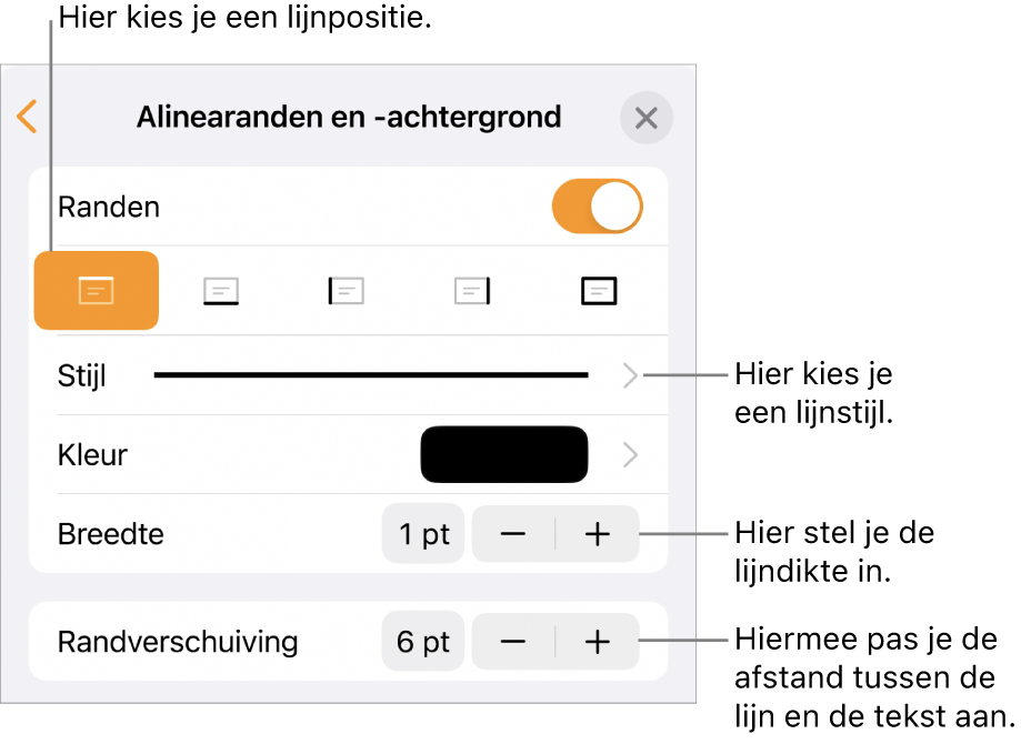 Regelaars voor het wijzigen van de stijl, dikte, positie en kleur van de lijn.