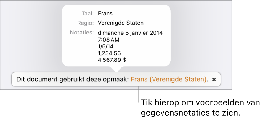 De melding van de afwijkende taal en regio, met voorbeelden van de opmaak in die taal en voor die regio.