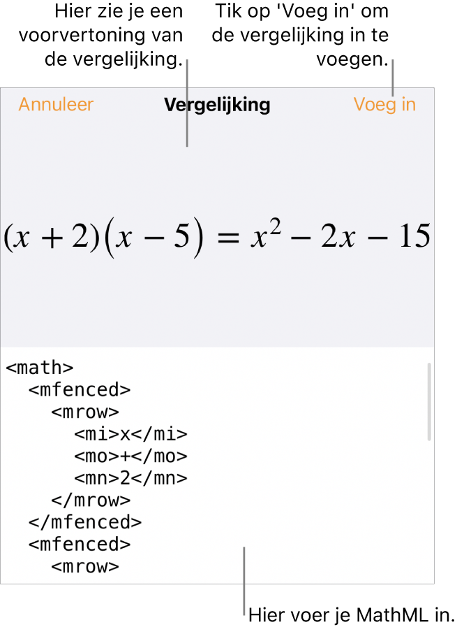 Het venster 'Vergelijking' met daarin een vergelijking die geschreven is met MathML-commando's en erboven een voorvertoning van de formule.