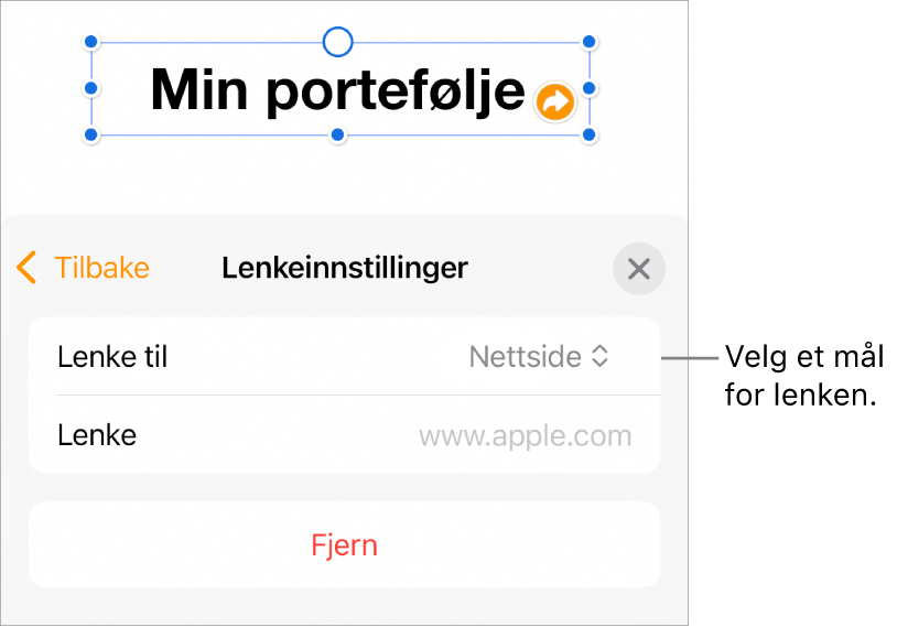 Lenkeinnstillinger-kontrollene med Nettside markert og Fjern-knappen nederst.