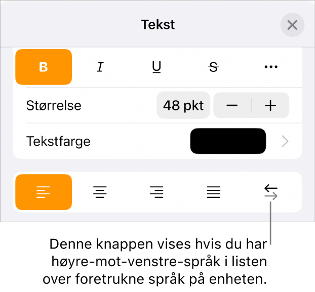 Tekstkontroller i Format-menyen med en bildeforklaring som peker på Høyre til venstre-knappen.