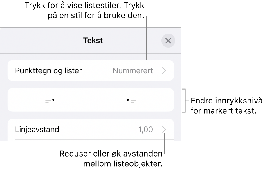 Punkttegn og lister-delen i Format-kontroller med bildeforklaringer for Punkttegn og lister, utrykk- og innrykk-knapper og linjeavstandskontroller.