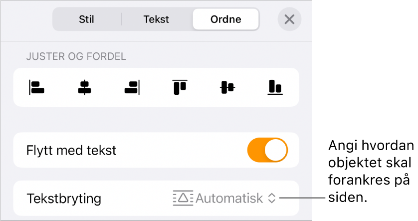 Ordne-kontrollene med Flytt med tekst og Tekstbryting.