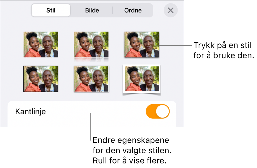 Stil i Format-menyen med objektstiler øverst og en kontroll under for å endre kantlinjen.