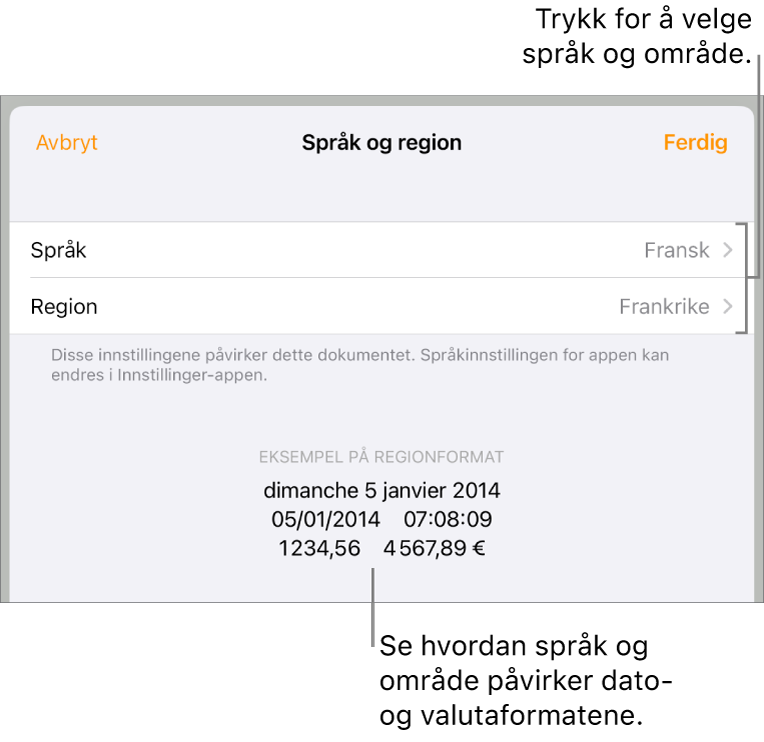 Språk og region-panelet med kontroller for språk og region, og et formateksempel med dato, klokkeslett, desimaler og valuta.
