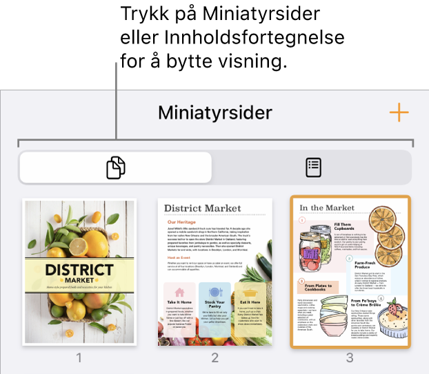 Sideminiatyrvisning med miniatyrbilder av hver side. En Sideminiatyr-knapp og en Innholdsfortegnelse-knapp er nederst på skjermen.