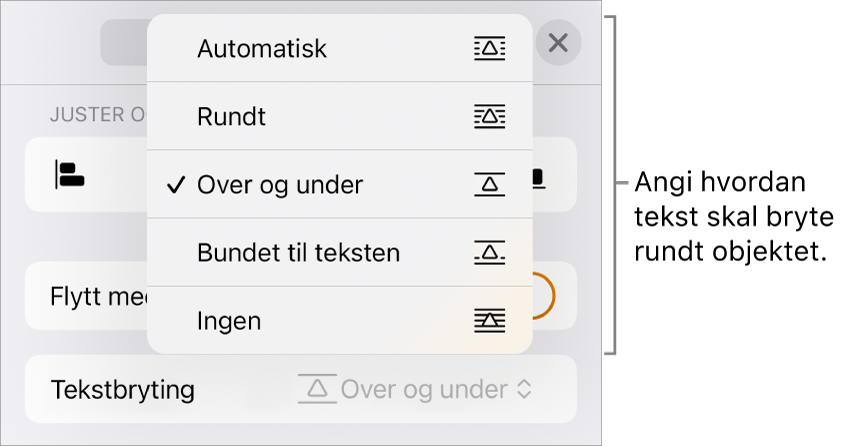 Tekstbryting-kontrollene med innstillinger for Automatisk, Rundt, Over og under, Bundet til teksten og Ingen.