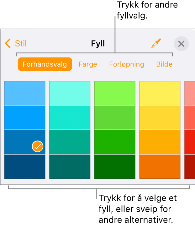 Fyllalternativer i Stil-fanen for Format-knappen.