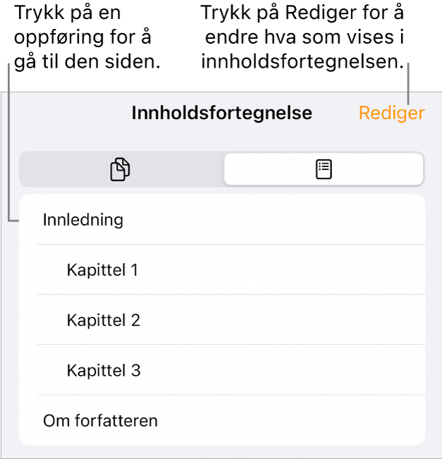 Innholdsfortegnelsesvisningen, med overskrifter i en liste. En Rediger-knapp er øverst til høyre, og nederst er Sideminiatyr- og Innholdsfortegnelse-knappene.