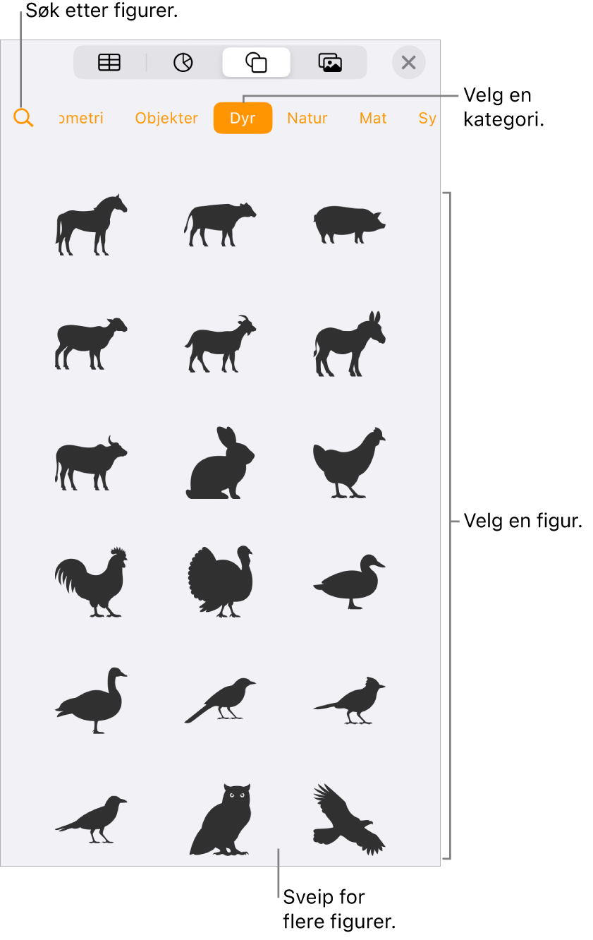 Figurbiblioteket, som viser kategorier øverst og figurer nedenfor. Du kan bruke søkeknappen øverst til å finne figurer, og du kan sveipe for å se mer.