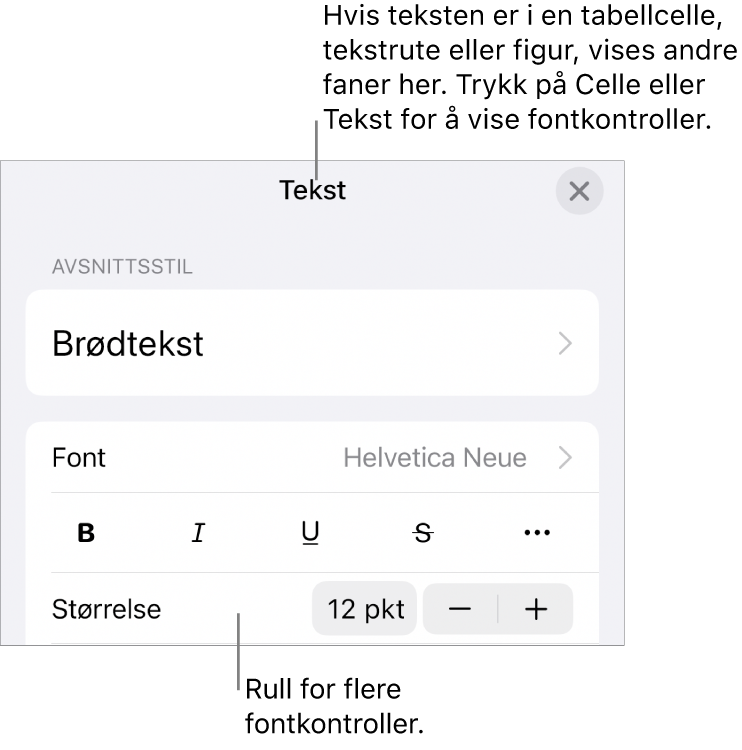 Tekstkontroller i Format-menyen for å angi avsnitts- og tegnstiler, font, størrelse og farge.