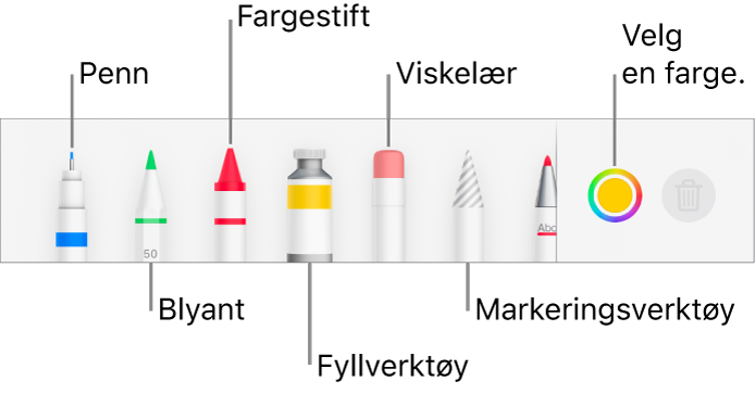 Tegneverktøylinjen i Pages på iPhone med en penn, blyant, fargestift, fyllverktøy, viskelær, markeringsverktøy og fargefelt som viser den gjeldende fargen.