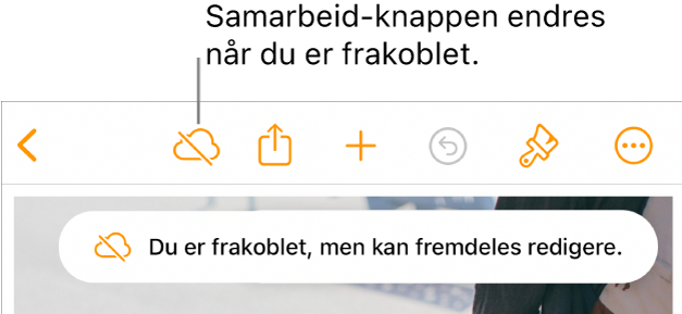 Knappene øverst på skjermen, med Samarbeid-knappen endret til en sky med en diagonal linje gjennom. I et varsel på skjermen står det: «Du er frakoblet, men kan fremdeles redigere.»