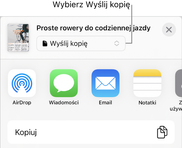 Menu udostępniania z wybraną opcją Wyślij kopię (na górze).