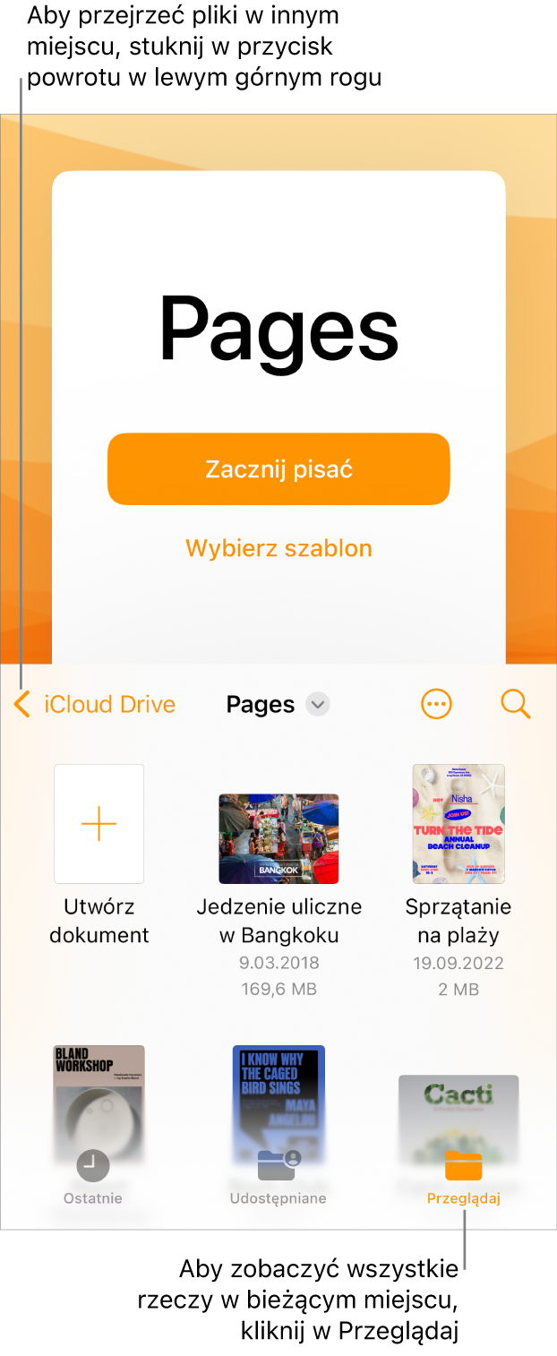 Widok przeglądarki menedżera dokumentów z przyciskiem powrotu w lewym górnym rogu oraz polem wyszukiwania poniżej. Pod polem wyszukiwania znajduje się przycisk tworzenia dokumentu oraz miniaturki istniejących dokumentów. W prawym górnym rogu znajdują się przyciski ostatnich rzeczy, udostępnianych rzeczy oraz przeglądania.