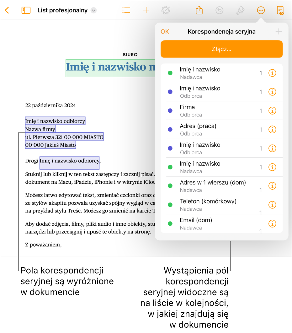 Dokument Pages z polami korespondencji seryjnej przeznaczonymi na dane odbiorcy i nadawcy. Na pasku bocznym Dokument widoczna jest lista wystąpień pól korespondencji seryjnej.
