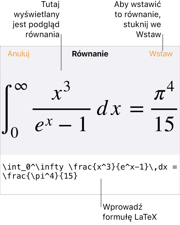 Pole dialogowe Równanie, zawierające równanie zapisane przy użyciu języka LaTeX. Powyżej widoczny jest podgląd tego równania.