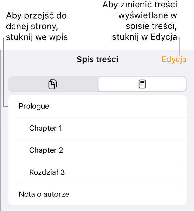 Widok spisu treści zawierający listę nagłówków. W prawym górnym rogu widoczny jest przycisk Edycja. Na dole znajdują się przyciski Miniaturki stron oraz Spis treści.