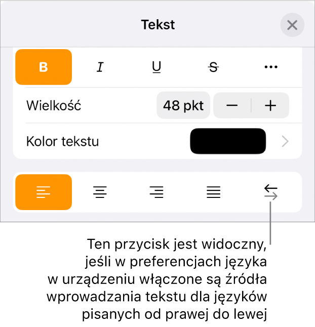 Narzędzia tekstu w menu Format z objaśnieniem wskazującym przycisk Od prawej do lewej.