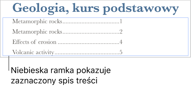 Spis treści wstawiony do dokumentu. Pozycje zawierają nagłówki wraz z numerami stron.